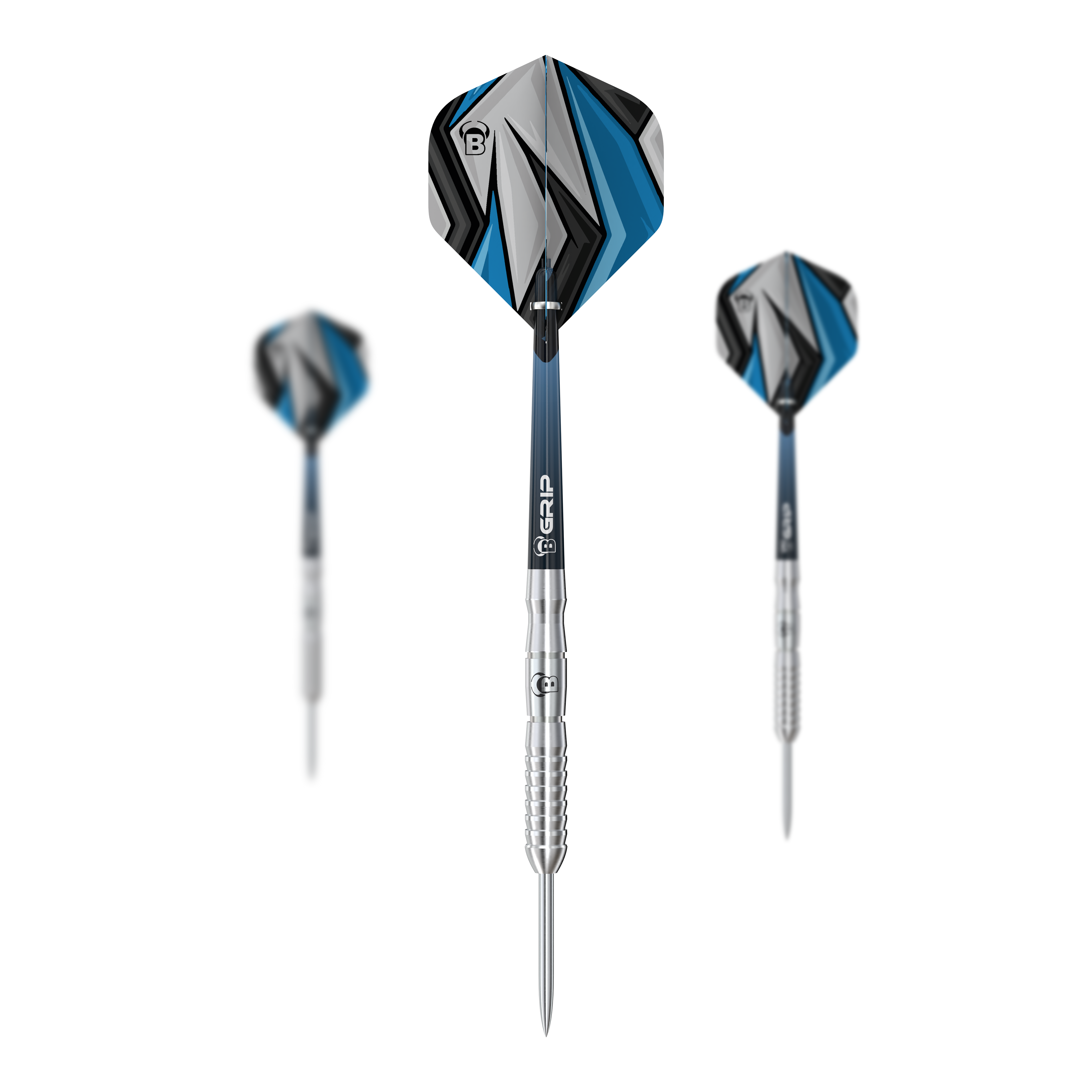 Auf dem Bild sind drei Bulls Stone S3 Steeldarts zu sehen. Sie haben silberne Spitzen und moderne Flights in Blau, Schwarz und Grau.